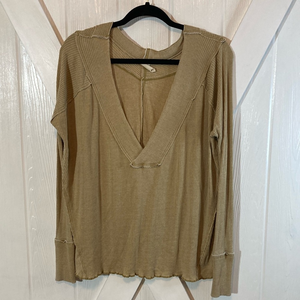 Free People Tan Long Sleeve V-Neck Relaxed Blouse